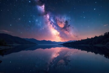 Wall Mural - Starry Milky Way galaxy reflected in calm lake water , astrophotography, space