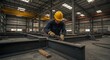© IrmaPrastiwi - Worker in hard hat grinds metal beams in industrial factory, focusing on steel fabrication and heavy construction.