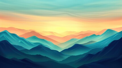 Wall Mural - Witness serene blue mountains shrouded in mist, blending seamlessly with a pastel orange sky at twilights embrace.