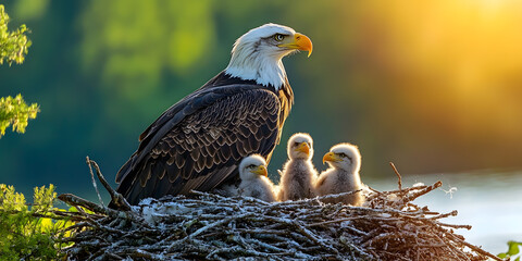 Eagles resting in a large nest high in trees.