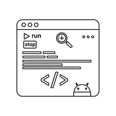modern software development interface with code snippets, run/stop buttons, and android icon, perfec