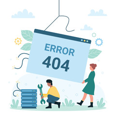 Wall Mural - 404 error, web page not found vector illustration. cartoon tiny people holding wrench maintenance to