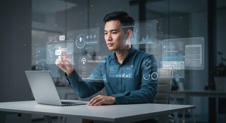 Male programmer interacting with a futuristic holographic user interface for data analysis and software development.