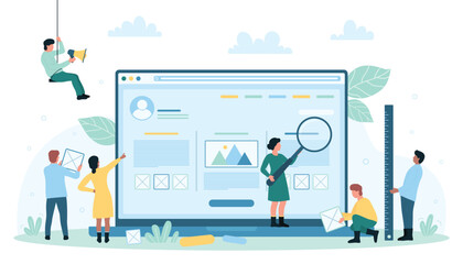 Wall Mural - website, app wireframe creation vector illustration. cartoon tiny people create application ui, char