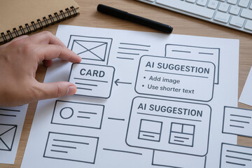 ai software developer collaboration concept with hand arranging paper card for user interface design