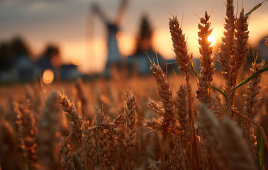 Wall Mural - Golden Wheat Field at Sunset with Windmill in Background