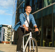 © muse studio - A cheerful cyclist joyfully navigates through a vibrant urban landscape adorned with stunning modern architecture