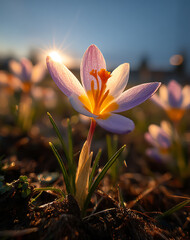 Wall Mural - Closeup of a Purple Crocus Flower with Yellow Center at Sunrise
