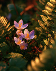 Wall Mural - Purple Crocus Flowers in Fern at Golden Hour