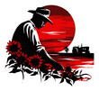 © Gasspoll - Farmer Tending Sunflowers Against Dramatic Sunset with Tractor in Background