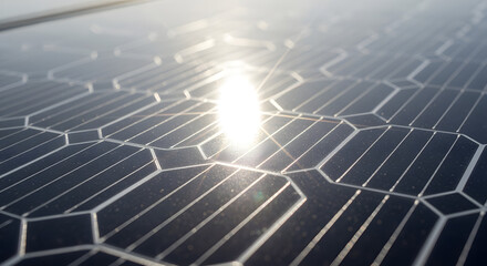 Solar Panel Array with Sunlight Reflection in Bright Outdoor Setting