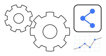 Gears and nodes for collaboration and function alongside a data graph. Ideal for technology, teamwork, innovation, analysis, process optimization, business, and simple landing page