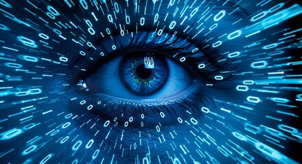 Abstract blue eye with binary code radiating outwards.