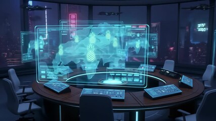 Futuristic command center with digital interface displaying global network data and world map.