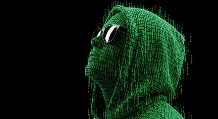 Green hooded figure, sunglasses, digital code.