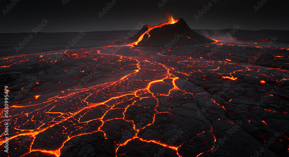 Volcanic lava field glowing with orange magma between black rock cracks ...