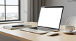 © Khresna - Side Angle View of MacBook Pro M4 mockup with White Screen in Office Setup