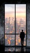 © STK - Silhouette of a man in a suit looking out a large window at a city skyline at sunset.