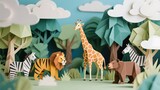 Cute cartoon tiger and giraffe with other wild animals in a colorful jungle safari scene