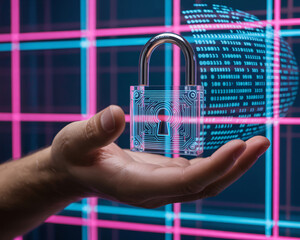 hand presenting a transparent digital padlock with circuit patterns and binary code security data