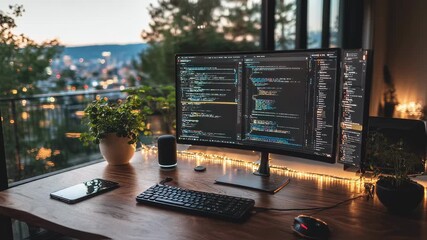 Wall Mural - Remote web developers clean desk setup with sleek 4K screen analyzing console logs a glowing code editor window smart speaker and greenery adding calm to the bustling digital