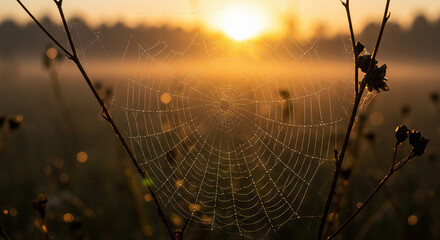Raindrops on spider web with bokeh background