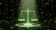 © solom - Digital scales of justice illuminated by a beam of light against a dark background with glowing abstract circuitry and bokeh effects
