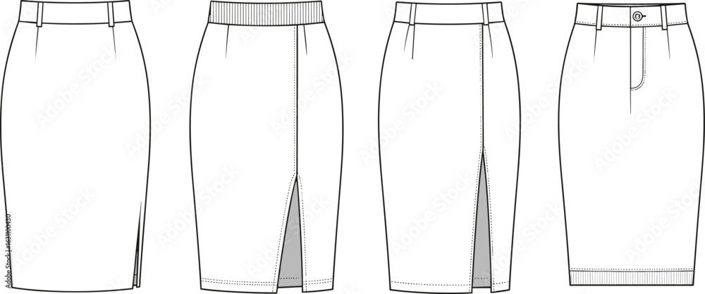 Pencil skirt CAD technical flat illustration, front and back views, fashion vector drawing, office skirt design, garment mockup