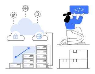 Cloud computing, data servers, security icons, and a developer coding. Ideal for IT services, cloud storage, technology, data security, app development scalability simple landing page