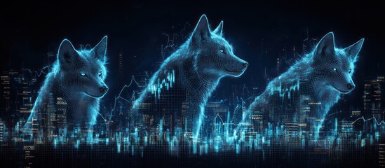 Wall Mural - Three glowing wolf silhouettes over a cityscape at night.