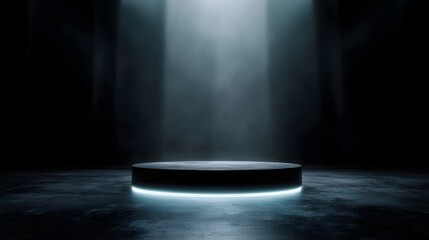 Wall Mural - Futuristic holographic podium with sleek lighting in a dark moody setting