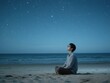 © Blur - A serene man sits in quiet contemplation on a twilight beach, gazing up at a star-filled sky, embodying tranquility, dreams, and a sense of wonder and possibility
