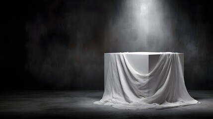 Wall Mural - elegant podium with draped fabric backdrop and dramatic lighting