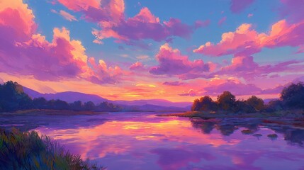 Wall Mural - A vibrant sunset illuminates the sky with shades of pink and purple while casting reflections on the tranquil water. Lush greenery frames the edges of the river.