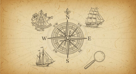  Explore nautical adventures with this vintage compass and ship illustration for your next exciting project