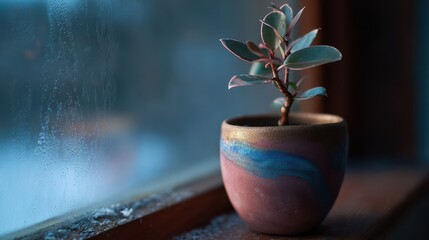 Wall Mural - small plant in a decorative pot by a window.