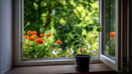 Wall Mural - a small plant in a dark pot sits on a windowsill, overlooking a garden of orange flowers.