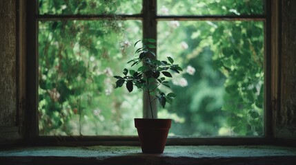 Wall Mural - small plant in terracotta pot on a windowsill.