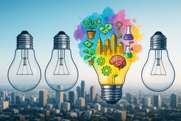 Wall Mural - creative business lightbulb with innovation, finance, and science icons on city background, symboliz