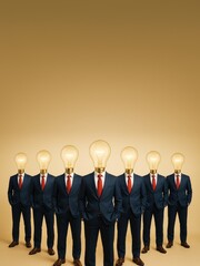 Wall Mural - group of businesspeople with lightbulb heads standing in a row on beige background symbolizing innov