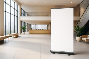 Wall Mural - blank roll-up banner stand in modern office lobby with large windows and natural lighting, ideal for