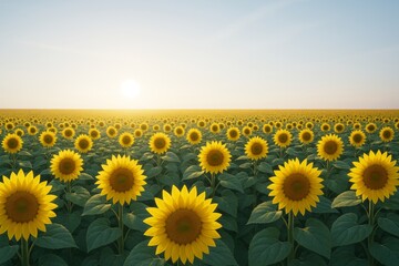 Wall Mural - vast sunflower field landscape under soft sunlight with vibrant yellow blooms stretching to the hori