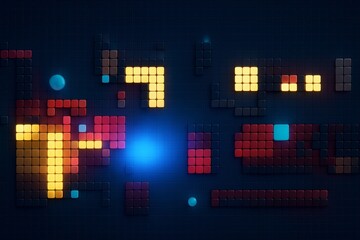 Wall Mural - glowing geometric blocks arranged in a digital mosaic pattern with neon lighting effects on a dark b
