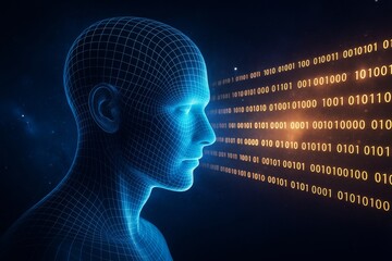 Wall Mural - digital human wireframe facing binary code data stream on dark background with glowing light, symbol