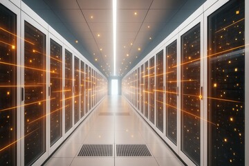 Wall Mural - futuristic data center interior with glowing light particles and symmetrical server racks illustrati
