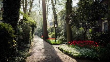 Wall Mural - sunlit pathway through a lush garden filled with tulips.