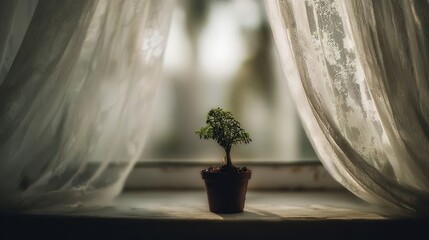Wall Mural - small bonsai tree on a windowsill behind sheer curtains.