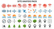© ALFAHRU - Collection of colorful site analysis icons, including sound waves, weather patterns, compass, trees, and location markers.