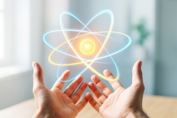 Wall Mural - glowing atom symbol floating above open human hands with soft light on a bright indoor background re