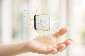 Wall Mural - futuristic artificial intelligence microchip with brain icon hovering above human hand on blurred li